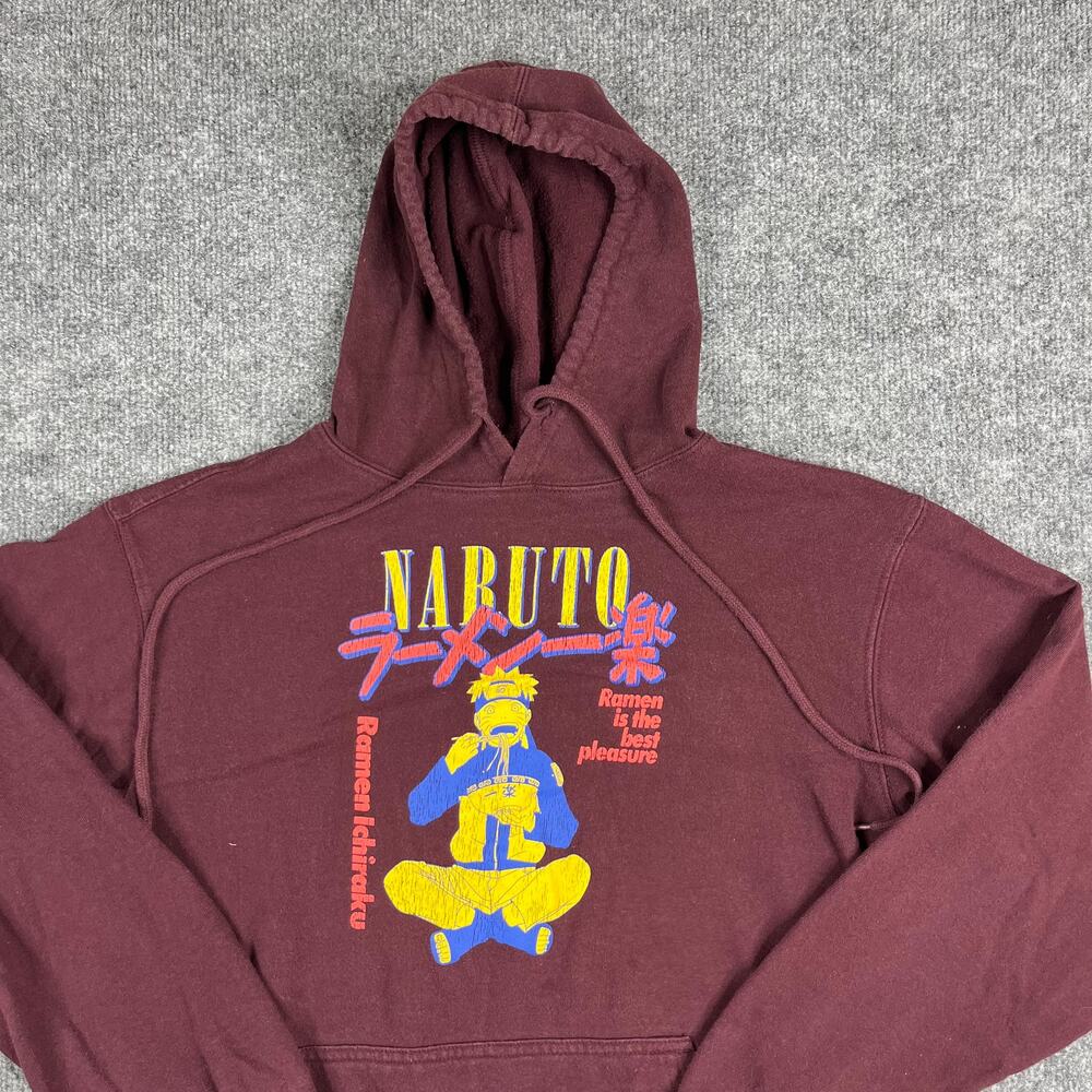 Naruto Hoodie Mens Size S Burgundy Anime Graphic Pullover Shippuden Sweatshirt